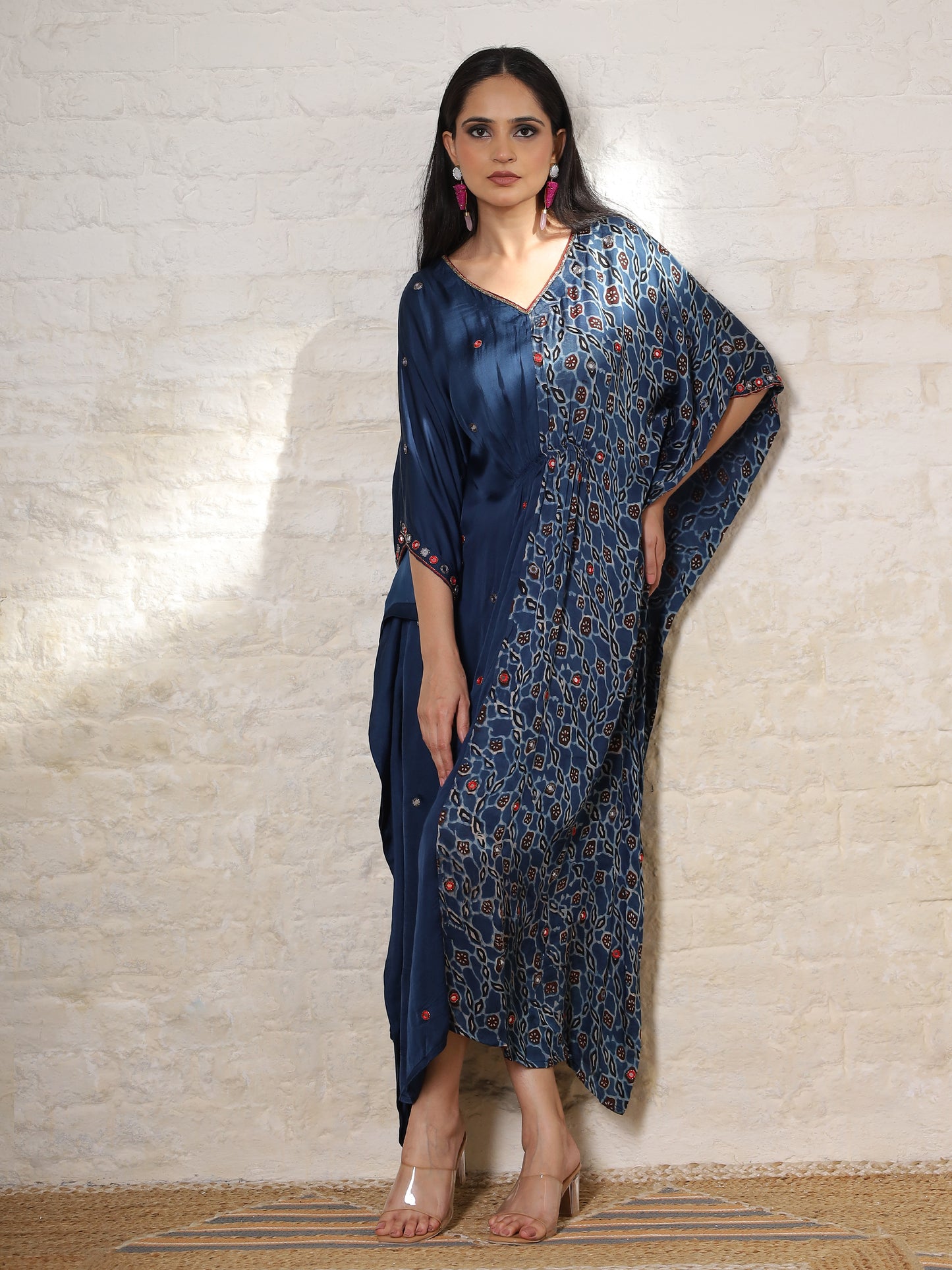 Blue Floral Ajrak Silk Embroidered Kaftan