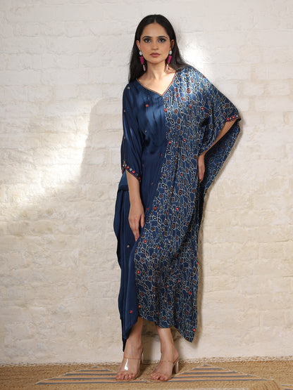 Blue Floral Ajrak Silk Embroidered Kaftan