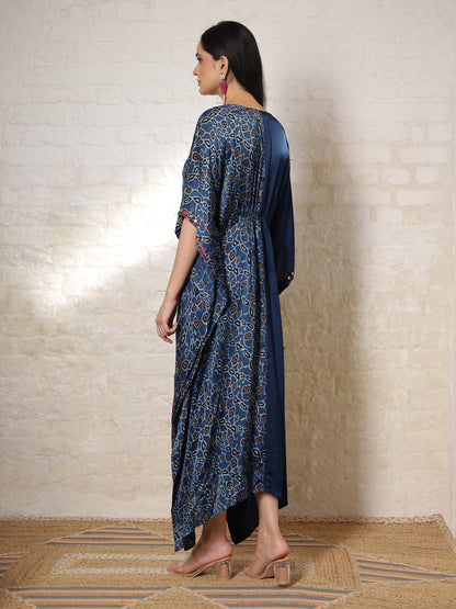 Blue Floral Ajrak Silk Embroidered Kaftan