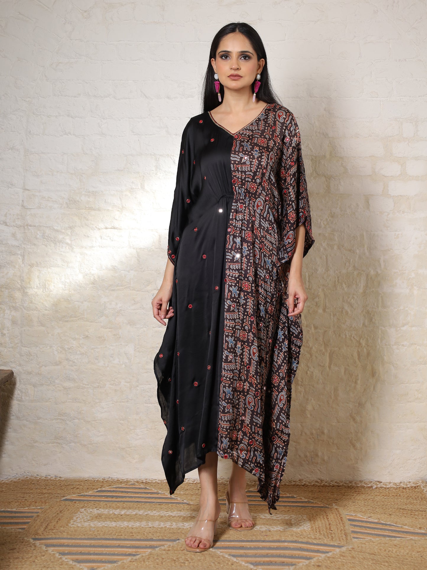Black Ajrak Silk Embroidered Kaftan