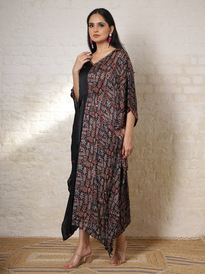 Black Ajrak Silk Embroidered Kaftan