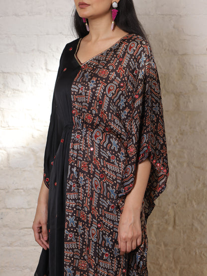 Black Ajrak Silk Embroidered Kaftan