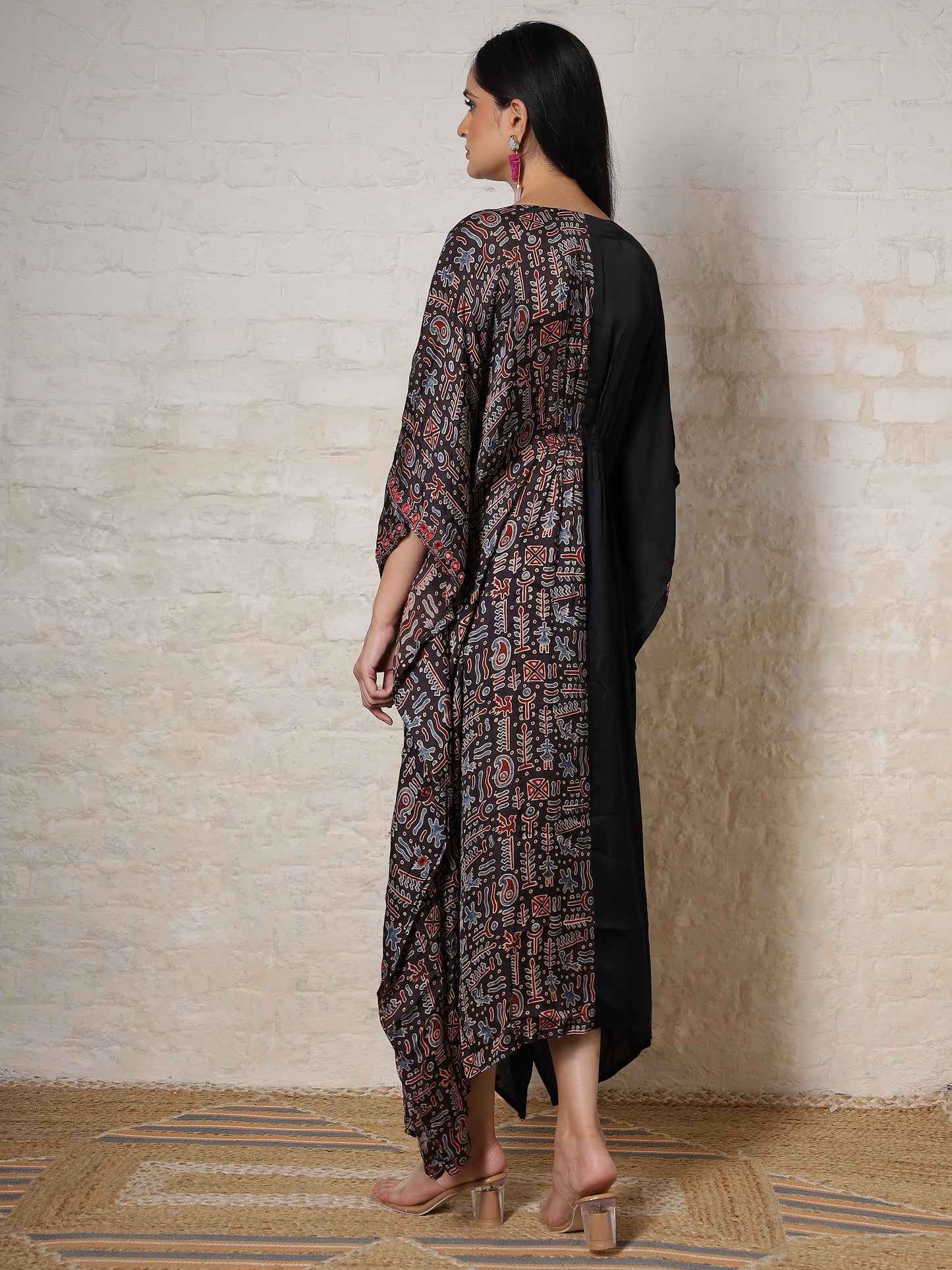 Black Ajrak Silk Embroidered Kaftan