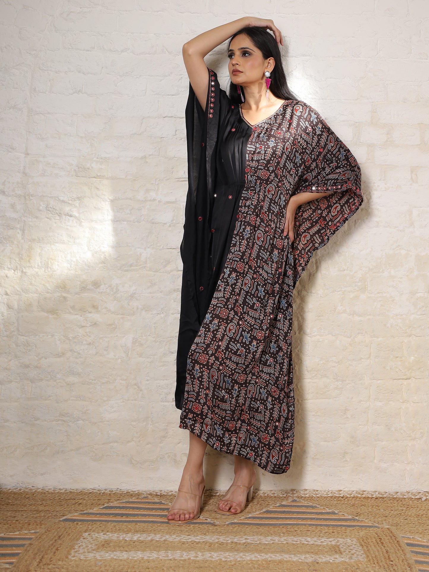 Black Ajrak Silk Embroidered Kaftan