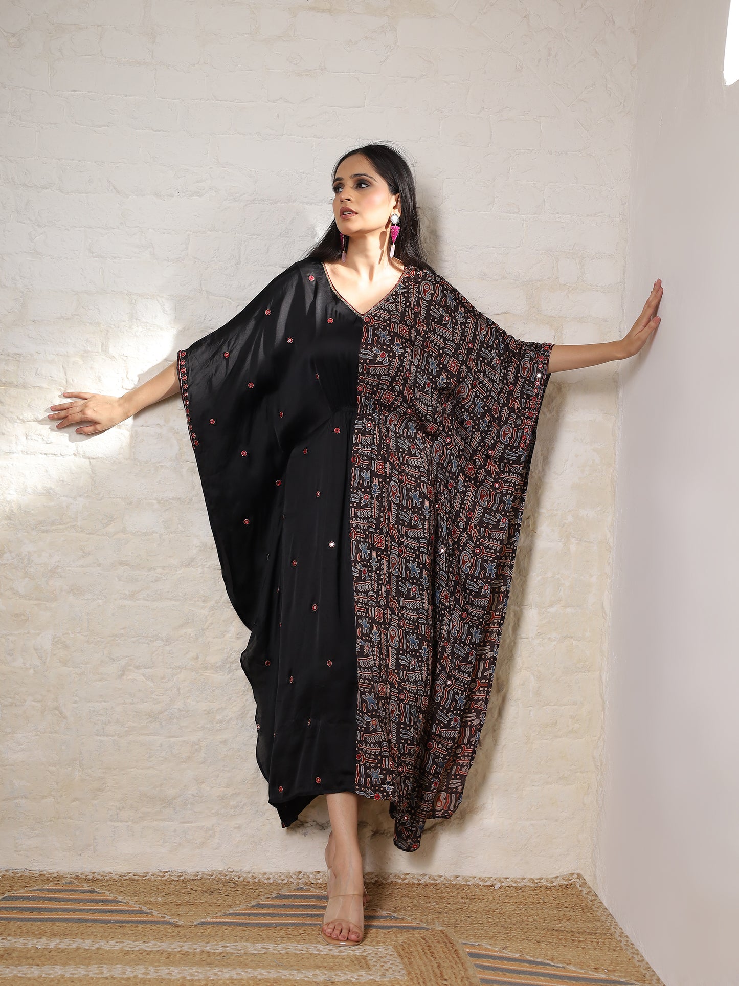 Black Ajrak Silk Embroidered Kaftan