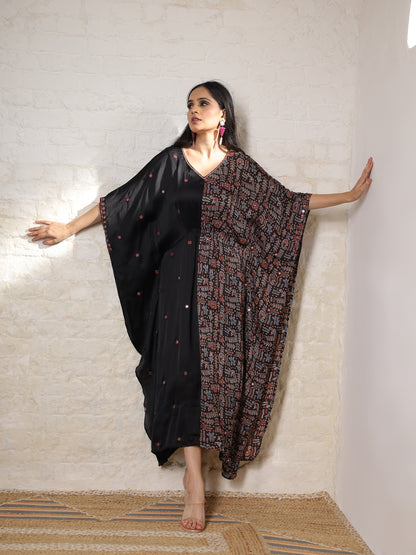 Black Ajrak Silk Embroidered Kaftan