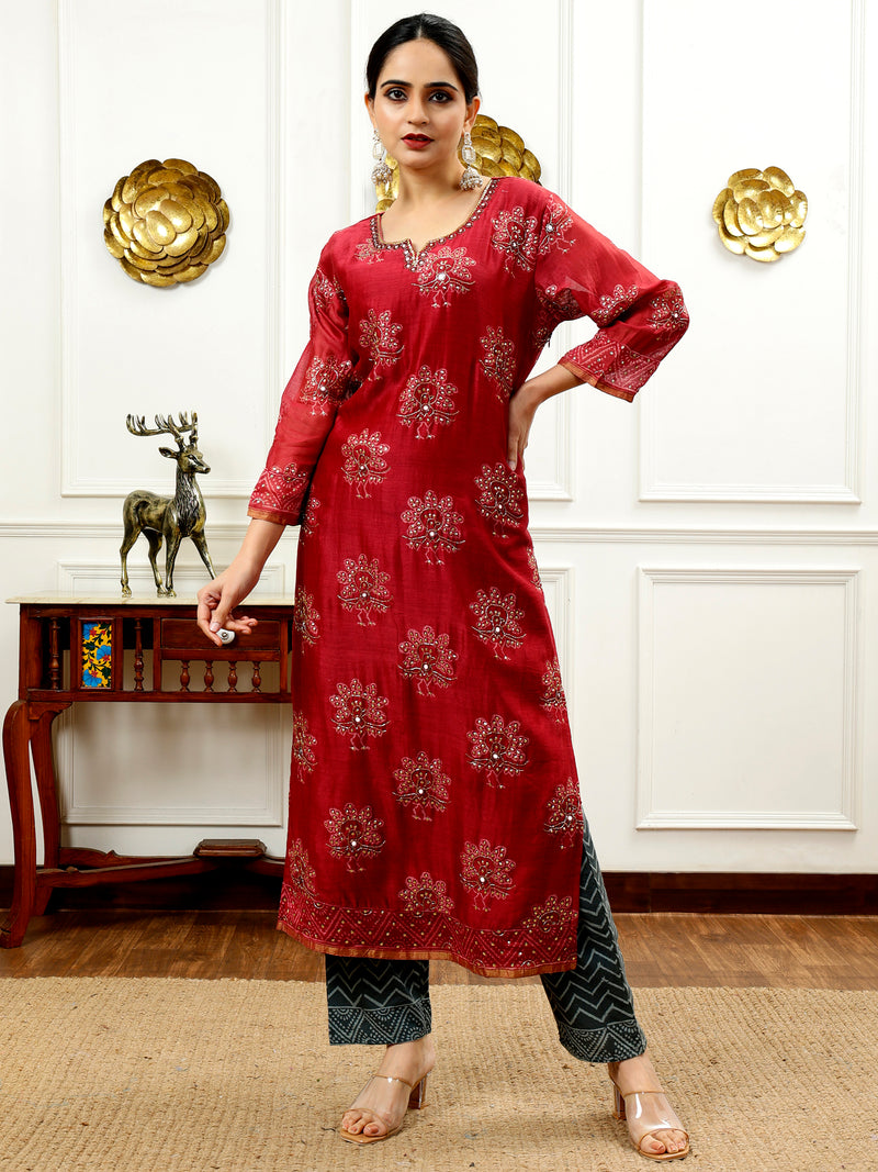 Burgundy And Grey Kurta Set