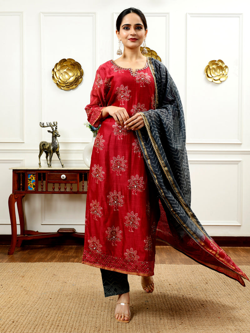 Burgundy And Grey Kurta Set