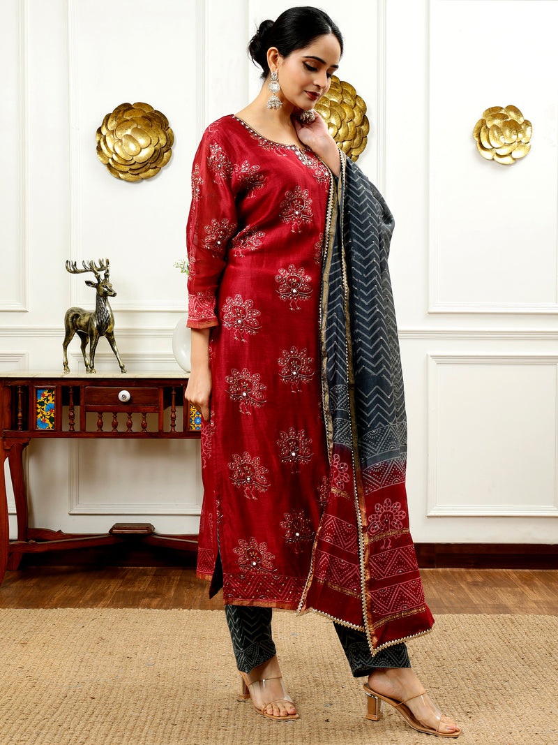 Burgundy And Grey Kurta Set