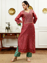 Burgundy And Aqua Green Kurta Set