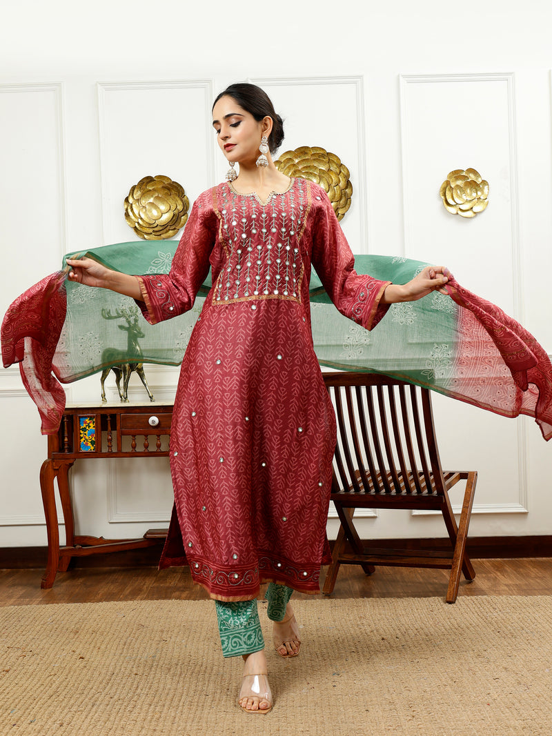 Burgundy And Aqua Green Kurta Set