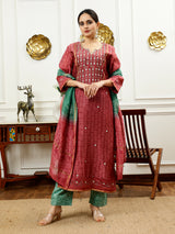 Burgundy And Aqua Green Kurta Set