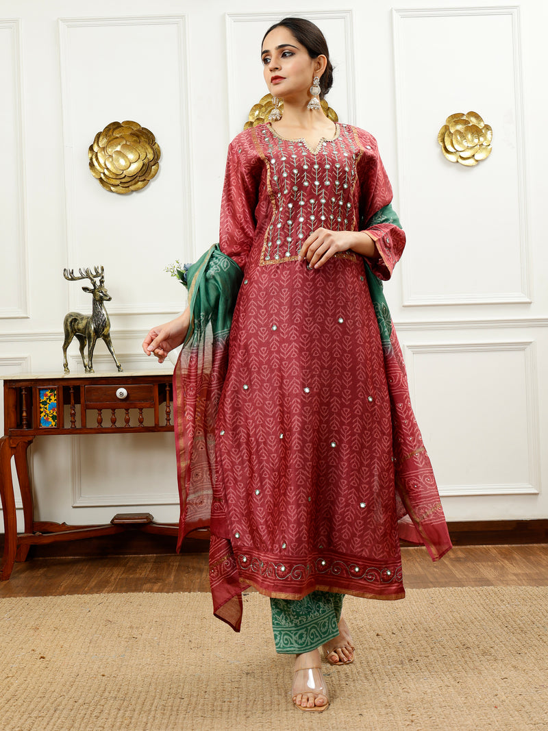 Burgundy And Aqua Green Kurta Set