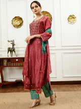 Burgundy And Aqua Green Kurta Set