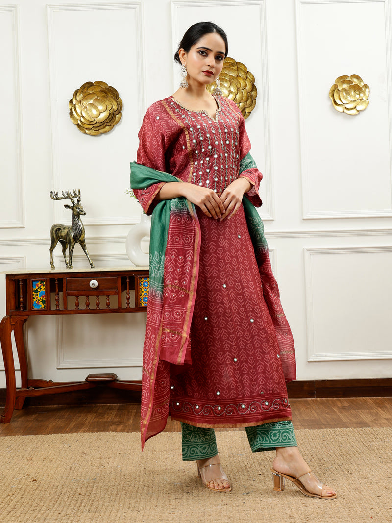 Burgundy And Aqua Green Kurta Set