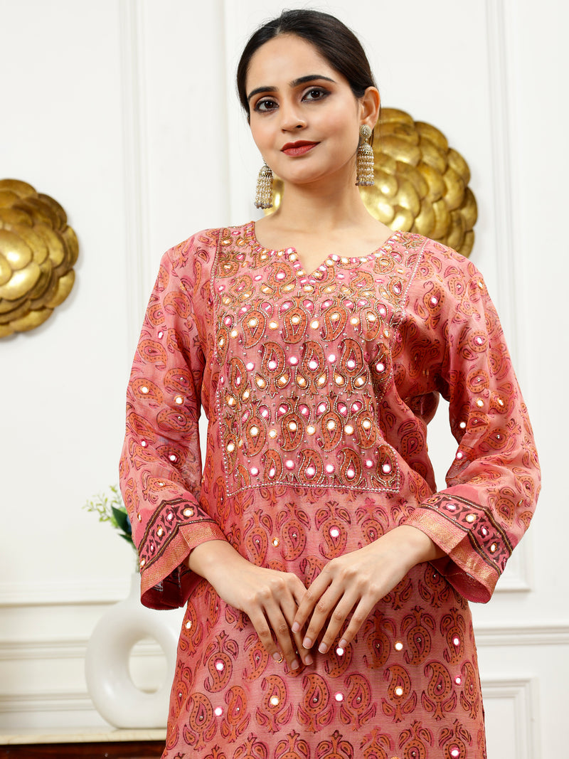 Peach Pink Paisley Kurta Set