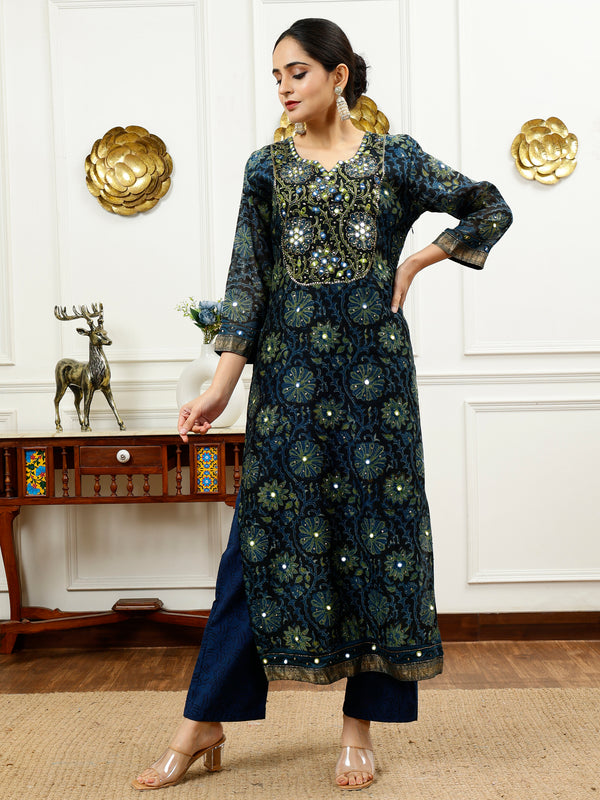 Navy Blue Silk Kurta Set