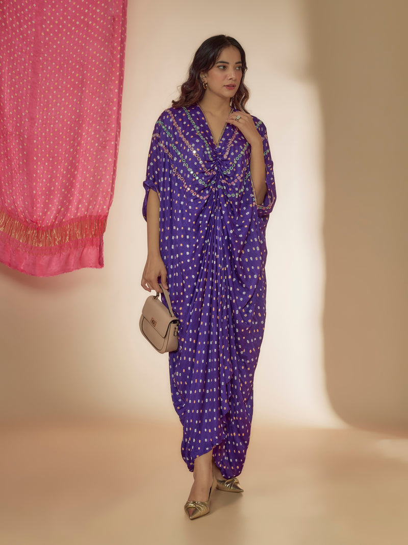 Purple Silk Bandhani Printed & Mirror Hand Embroidered Kaftan Dress