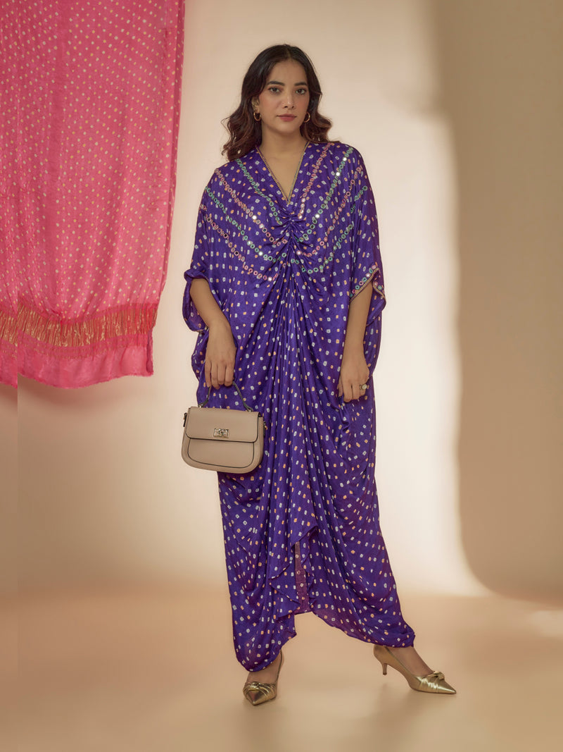 Purple Silk Bandhani Printed & Mirror Hand Embroidered Kaftan Dress