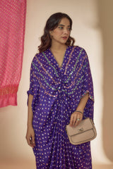 Purple Silk Bandhani Printed & Mirror Hand Embroidered Kaftan Dress