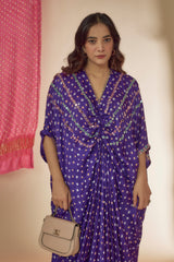 Purple Silk Bandhani Printed & Mirror Hand Embroidered Kaftan Dress