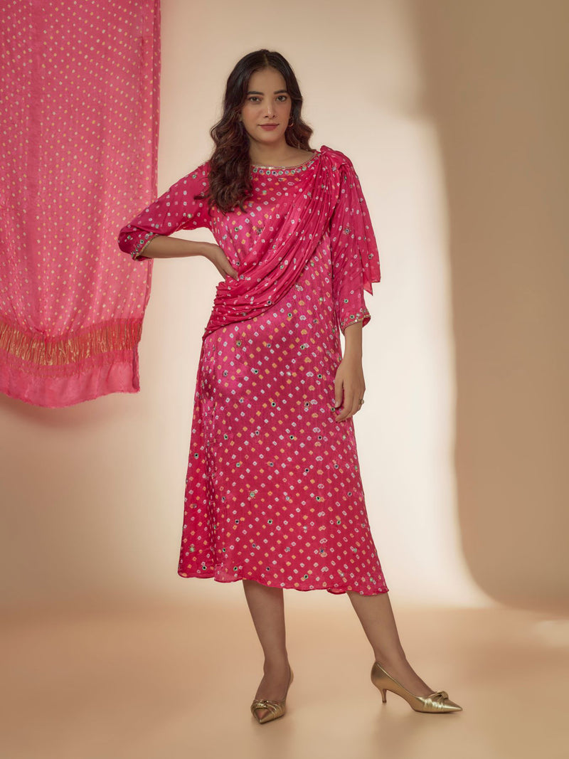 Pink Silk Bandhani Printed & Mirror Hand Embroidered Draped Dress