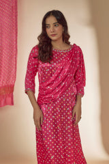 Pink Silk Bandhani Printed & Mirror Hand Embroidered Draped Dress