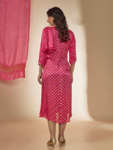 Pink Silk Bandhani Printed & Mirror Hand Embroidered Draped Dress