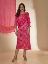 Pink Silk Bandhani Printed & Mirror Hand Embroidered Draped Dress