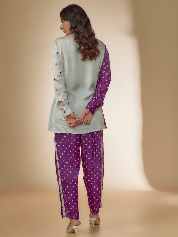 Purple & White Silk Bandhani Printed & Embroidered Co-Ord Set