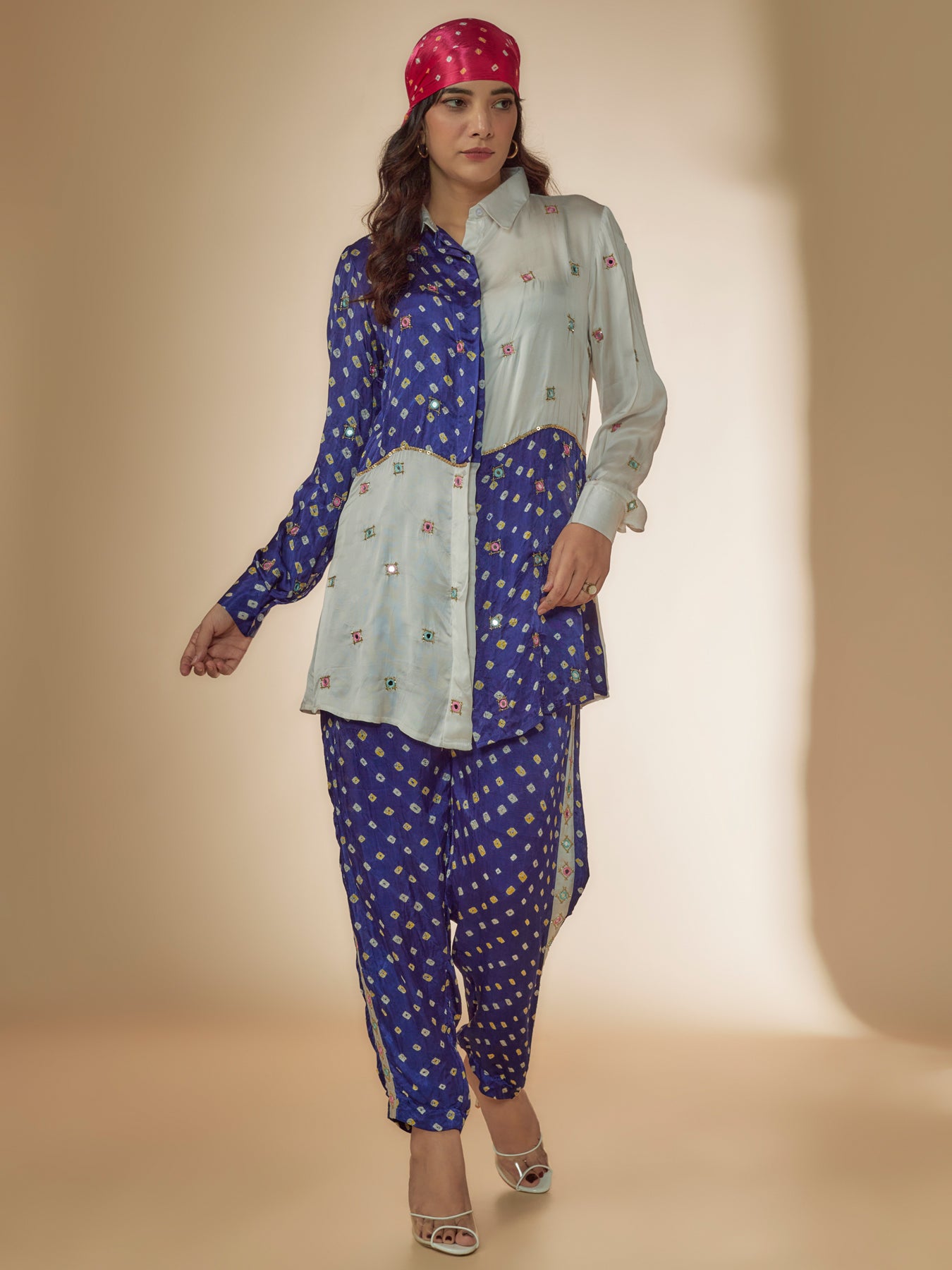 Blue & White Silk Bandhani Printed & Embroidered Co-Ord Set