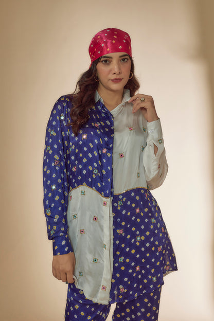 Blue & White Silk Bandhani Printed & Embroidered Co-Ord Set