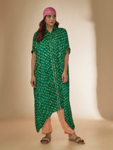 Green Bandhani Silk Beads & Mirror Hand Embroidered Kaftan Set