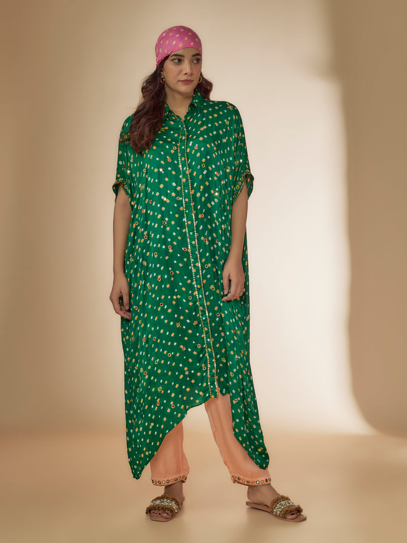 Green Bandhani Silk Beads & Mirror Hand Embroidered Kaftan Set