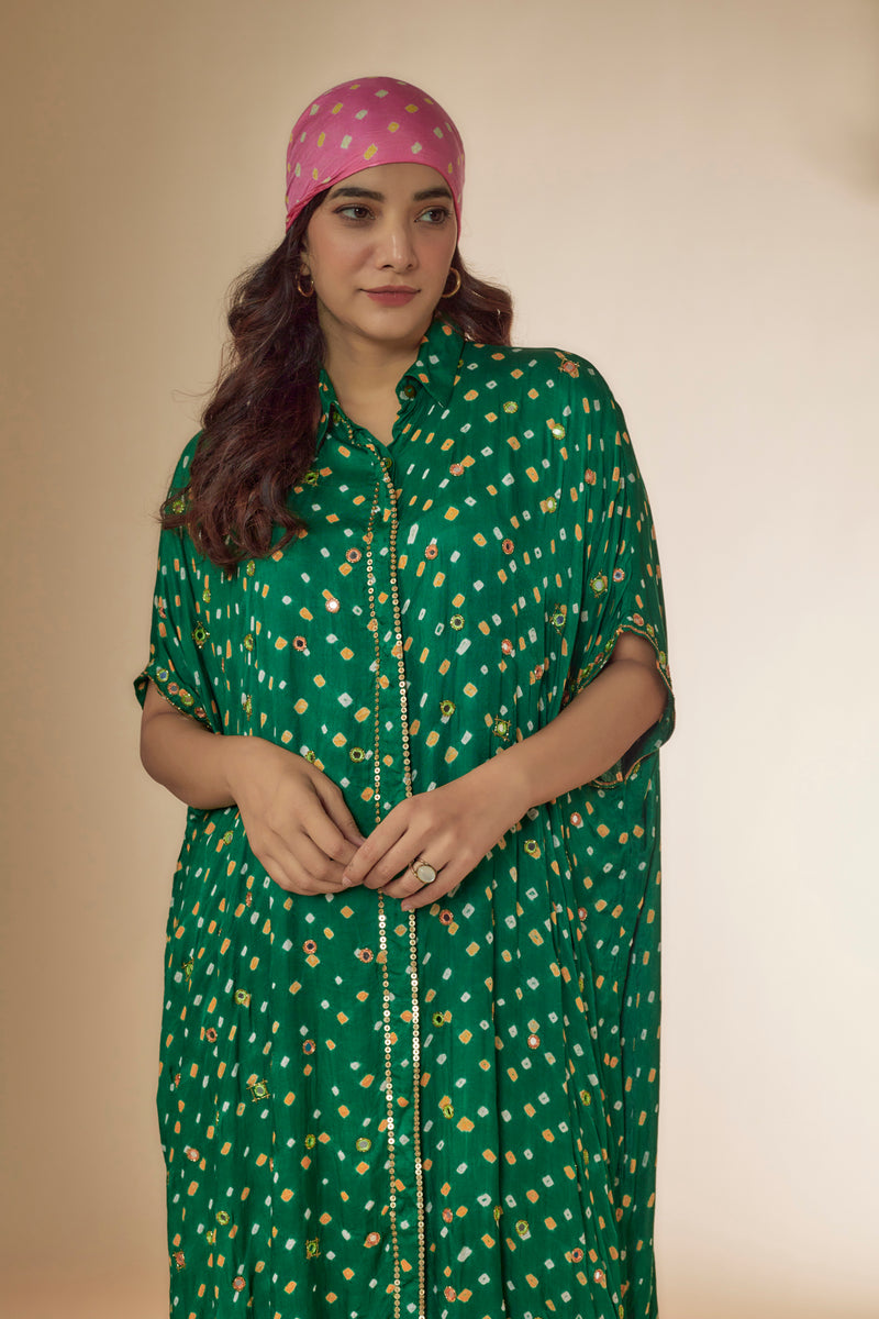 Green Bandhani Silk Beads & Mirror Hand Embroidered Kaftan Set