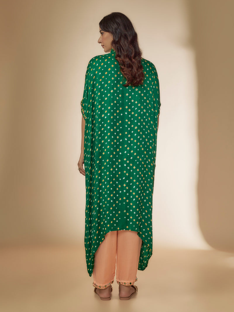 Green Bandhani Silk Beads & Mirror Hand Embroidered Kaftan Set