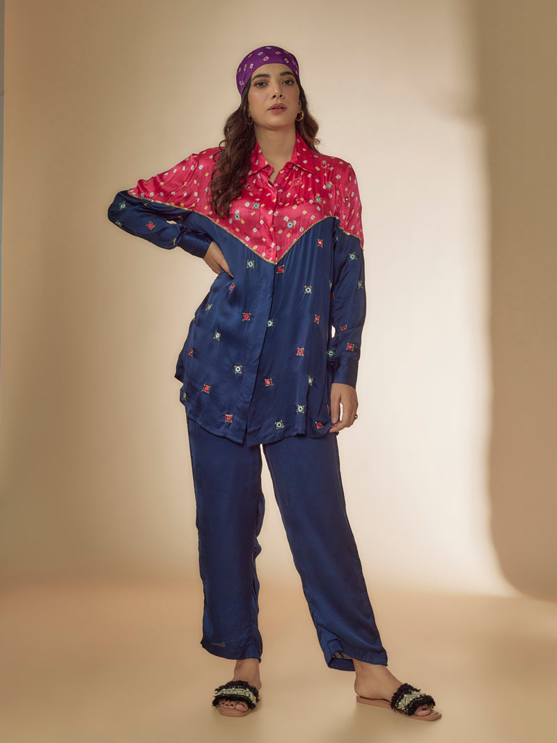 Blue & Pink Silk Bandhani Printed & Embroidered Co-Ord Set