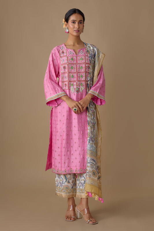 PINK SILK HAND EMBROIDERED KURTA SET