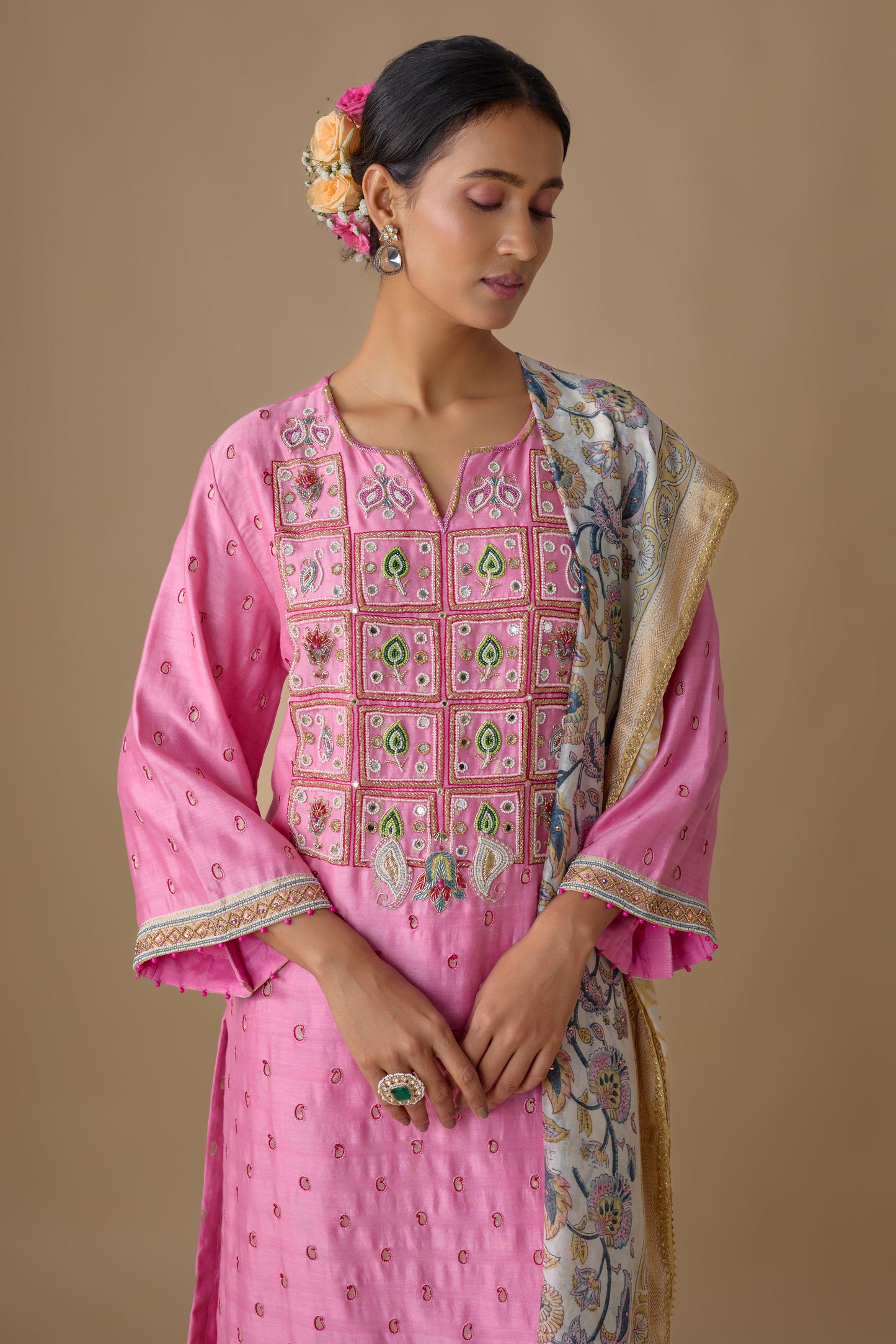 PINK SILK HAND EMBROIDERED KURTA SET
