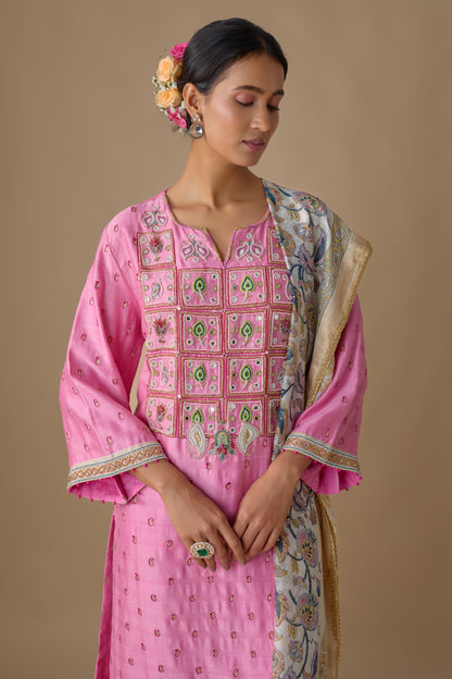 PINK SILK HAND EMBROIDERED KURTA SET