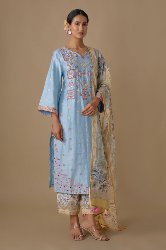 BLUE HAND EMBROIDERED KURTA SET