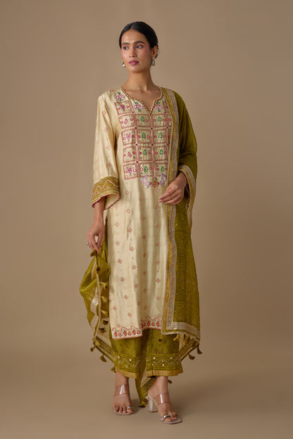 GREEN HAND EMBROIDERED SILK KURTA SET