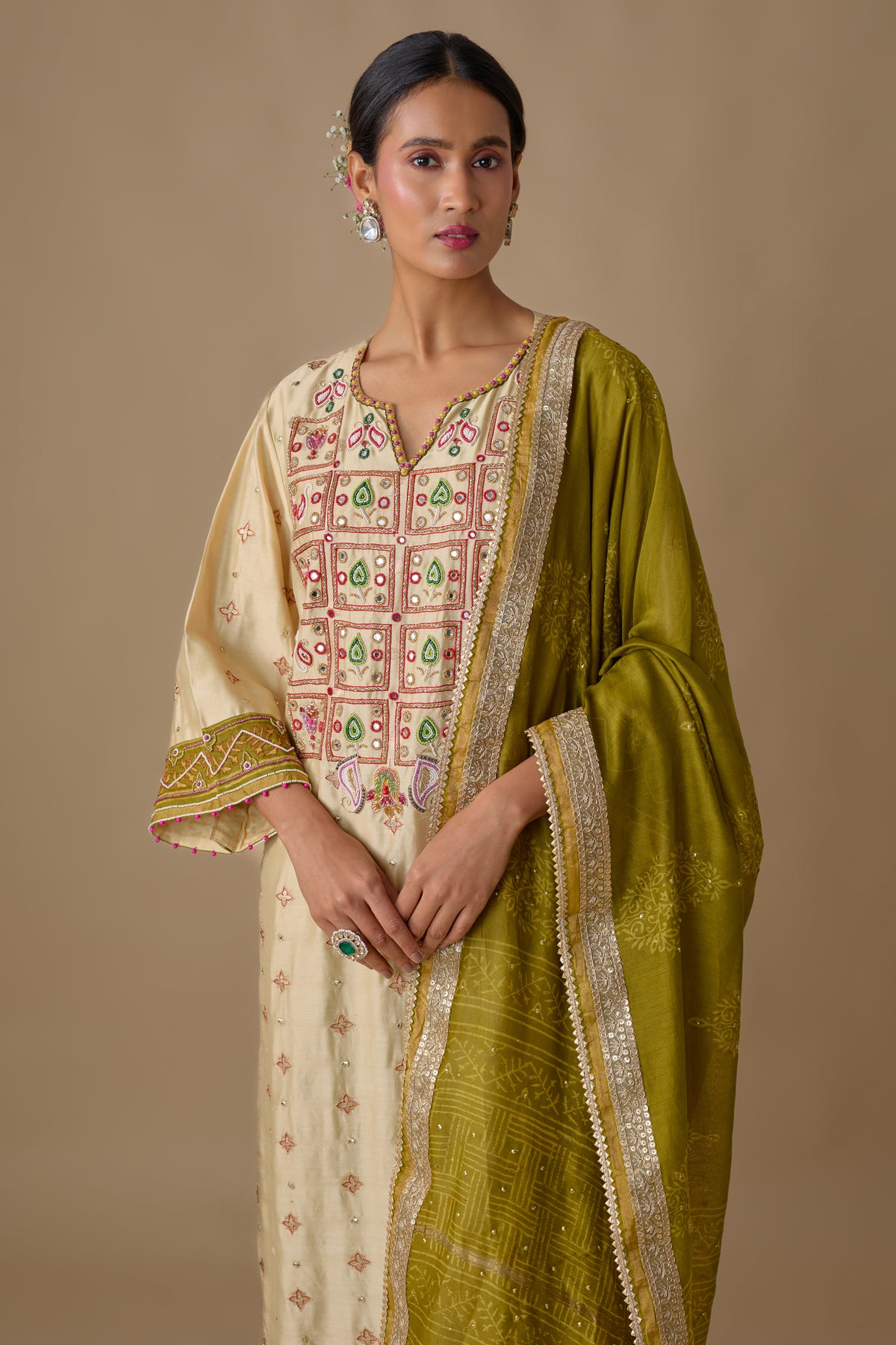GREEN HAND EMBROIDERED SILK KURTA SET
