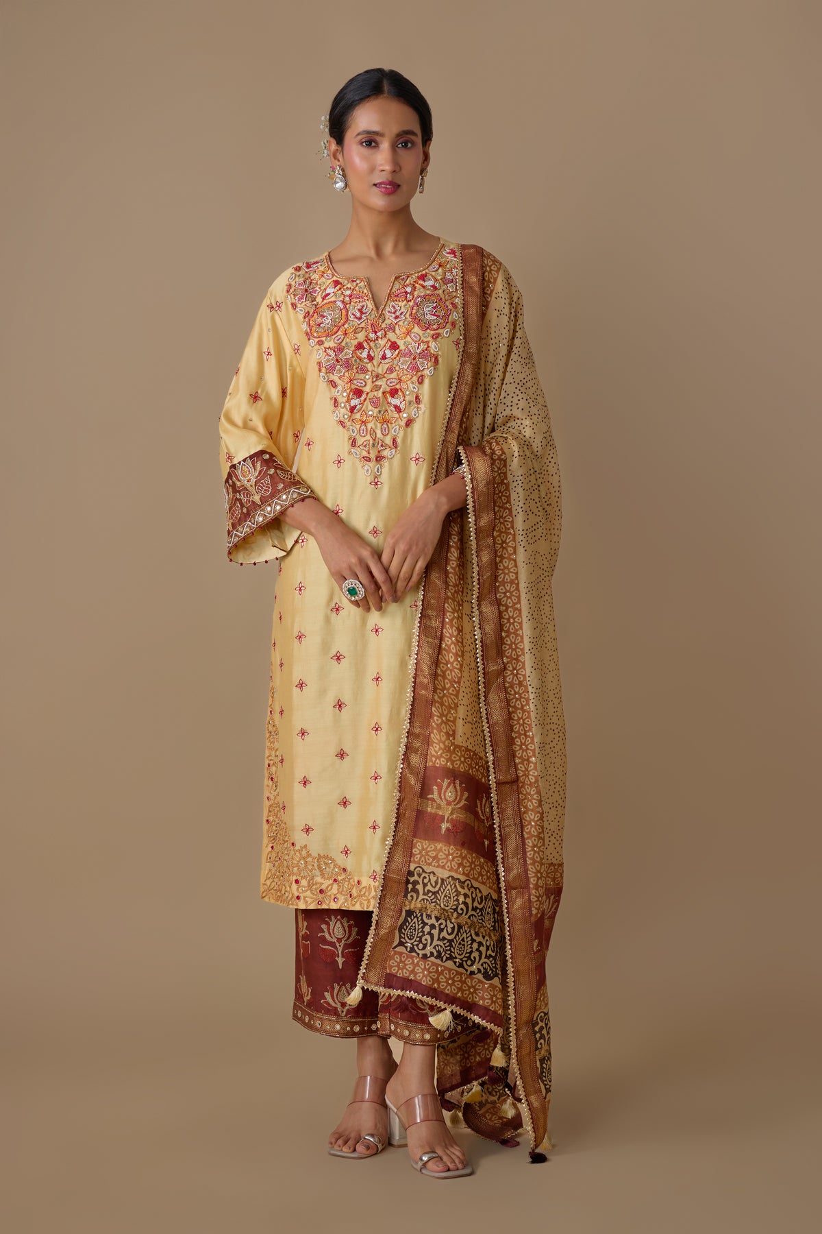 CREAM SILK HAND EMBROIDERED KURTA SET