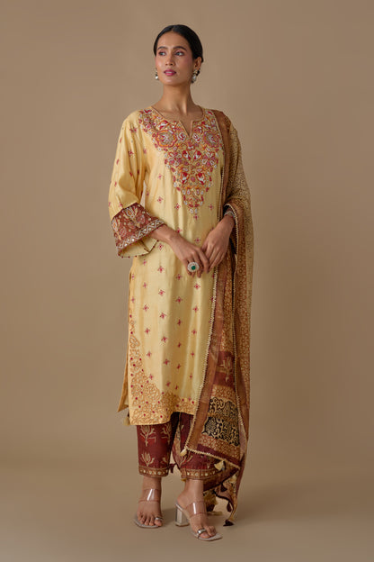 CREAM SILK HAND EMBROIDERED KURTA SET