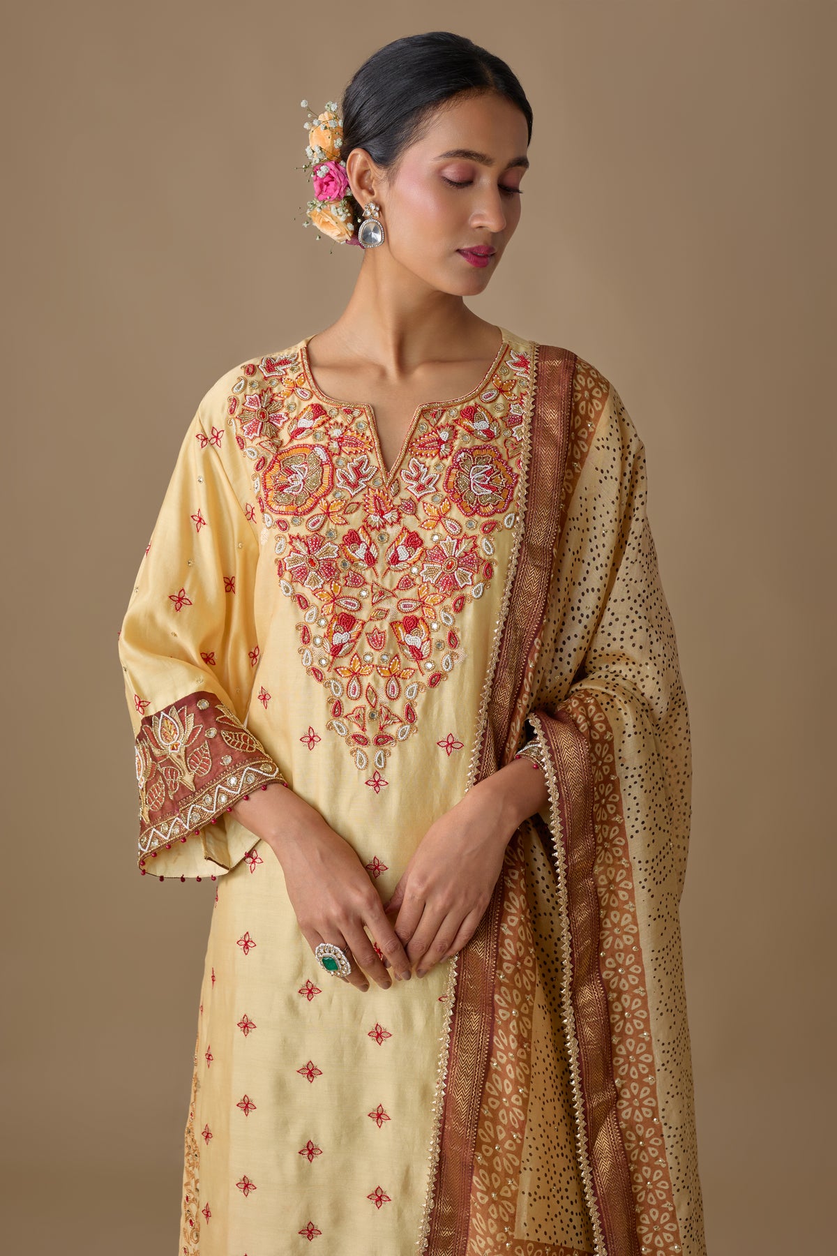 CREAM SILK HAND EMBROIDERED KURTA SET