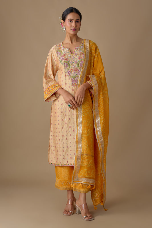 CREAM SILK HAND EMBROIDERED KURTA SET