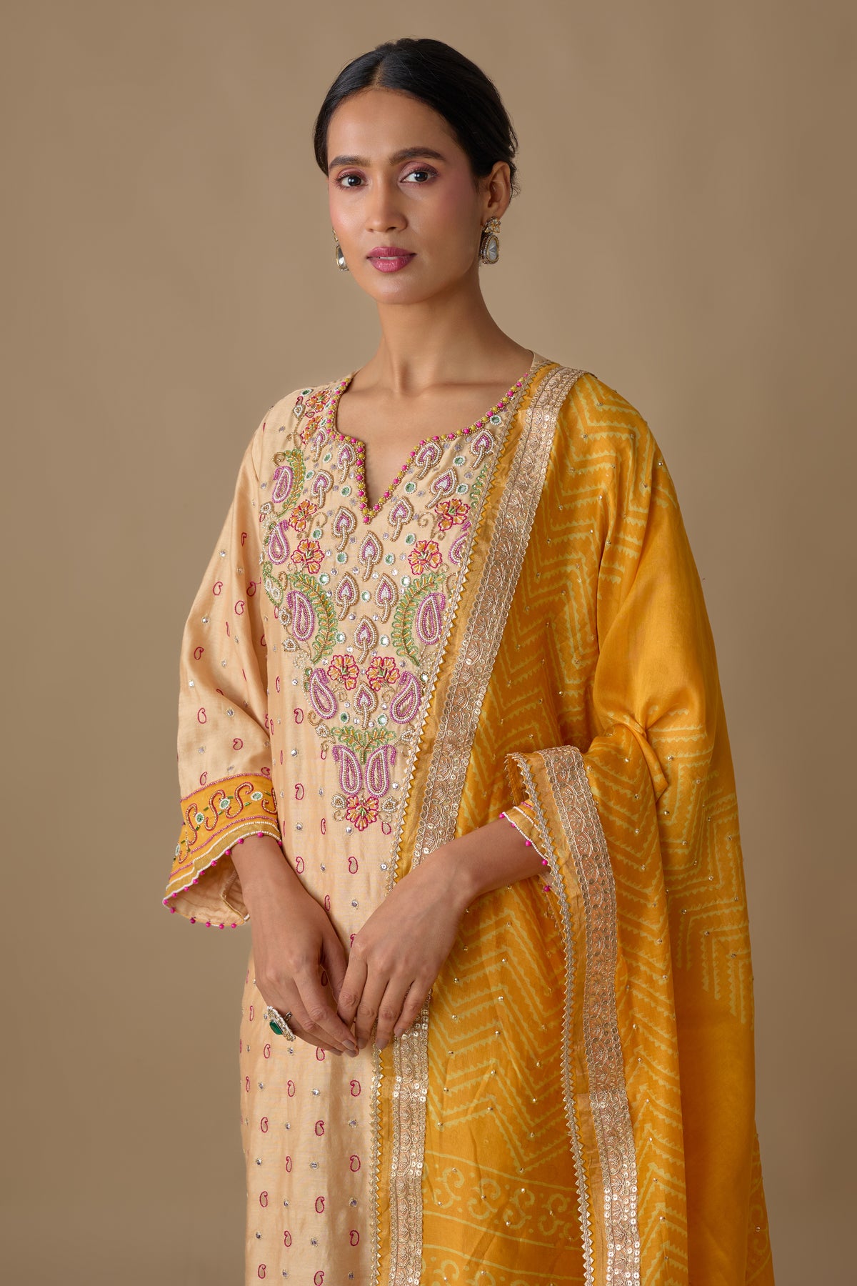 CREAM SILK HAND EMBROIDERED KURTA SET