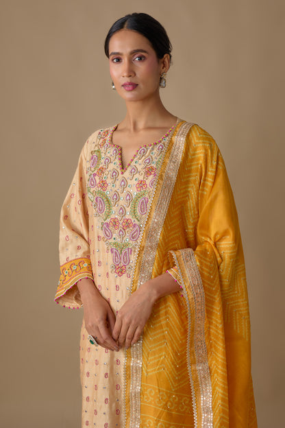 CREAM SILK HAND EMBROIDERED KURTA SET