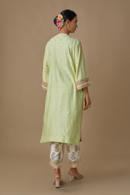GREEN SILK HAND EMBROIDERED KURTA SET